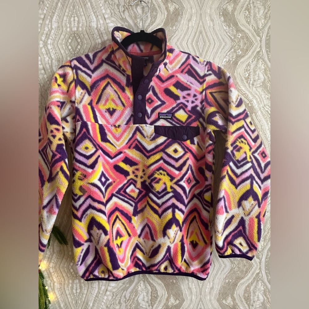 PATAGONIA Synchilla Snap T Fleece Girls L (12) Raven Tapestry Panther Purple EUC
